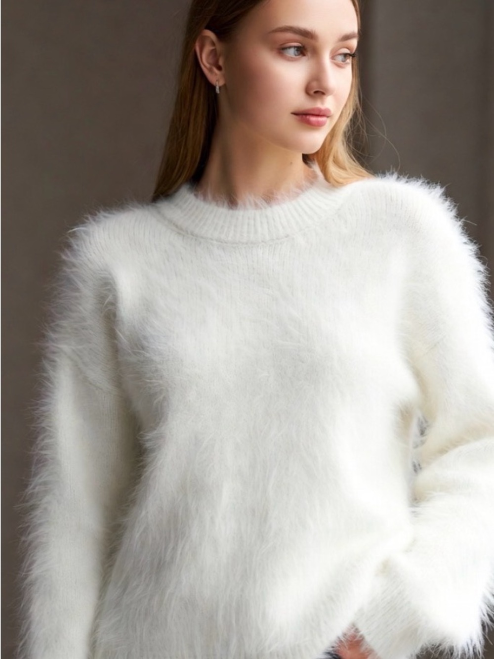 Plush White Fuzzy Crewneck Sweater